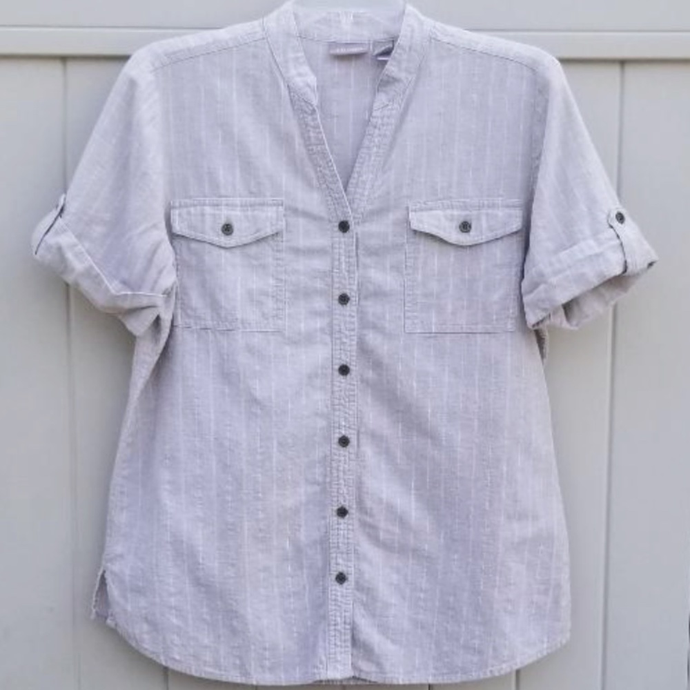 Chico's tan cream 6 button front short sleeve camp shirt SZ Medium